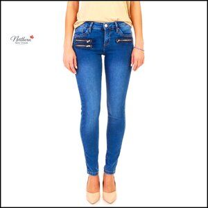 Mid Rise Biker Skinny Stretch Denim Jeans with Tummy Control